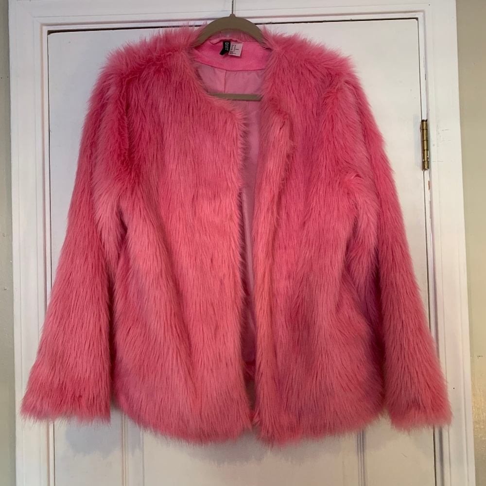H&M Pink Faux Fur Jacket Sz 16
